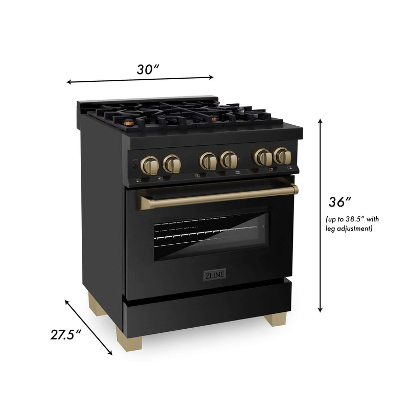 ZLINE 30 in. Autograph Edition Kitchen Package with Black Stainless Steel Dual Fuel Range, Range Hood, Dishwasher and Refrigeration Including External Water Dispenser with Champagne Bronze Accents (4AKPR-RABRHDWV30-CB)