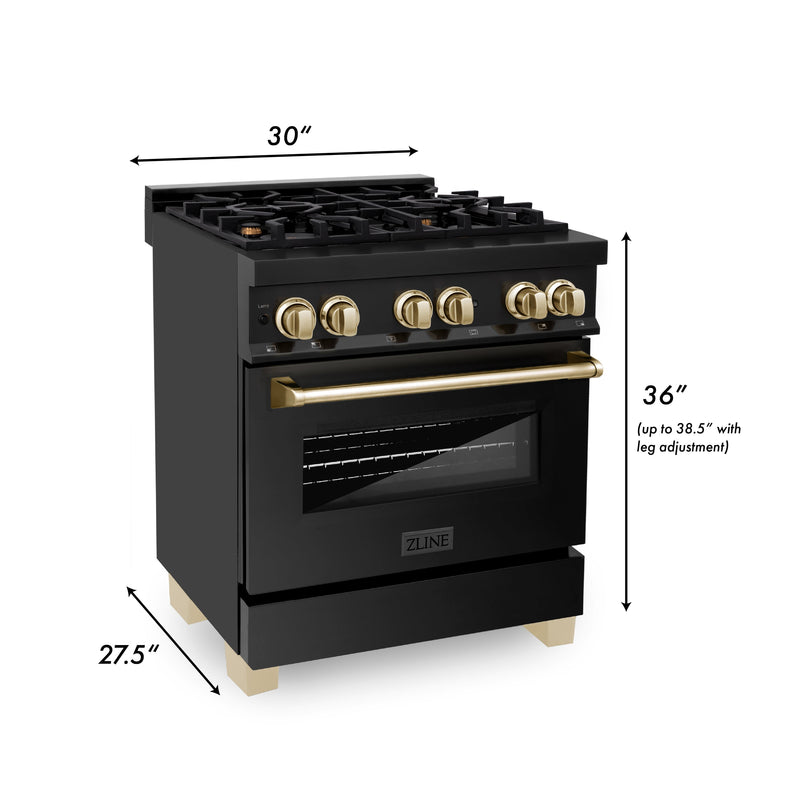 ZLINE Autograph Edition 30 in. 4.0 cu. ft. Dual Fuel Range with Gas Stove and Electric Oven in Black Stainless Steel with Polished Gold Accents (RABZ-30-G)