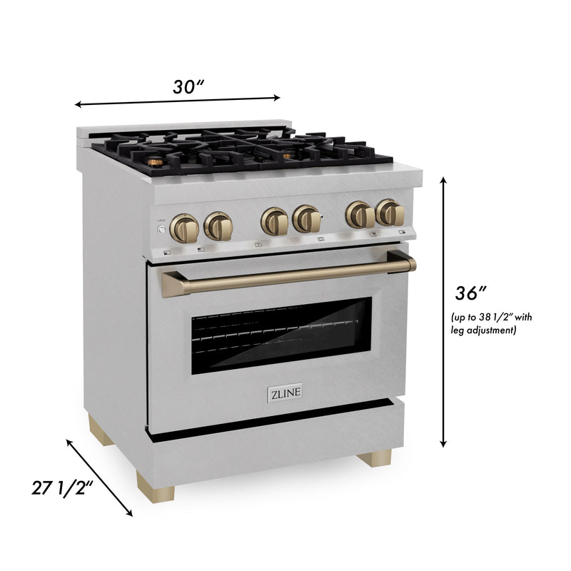 ZLINE Autograph Edition 30 in. 4.0 cu. ft. Dual Fuel Range with Gas Stove and Electric Oven in Fingerprint Resistant Stainless Steel with Champagne Bronze Accents (RASZ-SN-30-CB)
