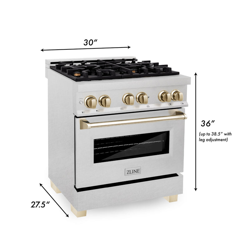 ZLINE Autograph Edition 30 in. 4.0 cu. ft. Dual Fuel Range with Gas Stove and Electric Oven in Fingerprint Resistant Stainless Steel with Polished Gold Accents (RASZ-SN-30-G)