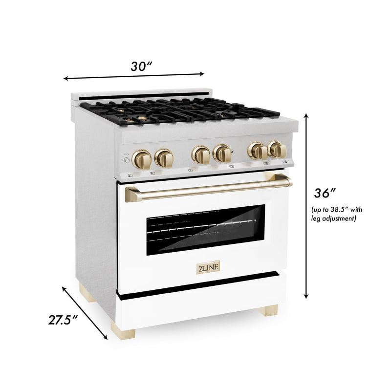 ZLINE Autograph Edition 30 in. 4.0 cu. ft. Dual Fuel Range with Gas Stove and Electric Oven in Fingerprint Resistant Stainless Steel with White Matte Door and Polished Gold Accents (RASZ-WM-30-G)