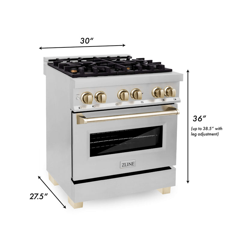 ZLINE 30 in. Autograph Edition Kitchen Package with Stainless Steel Dual Fuel Range and Range Hood with Polished Gold Accents (2AKP-RARH30-G)