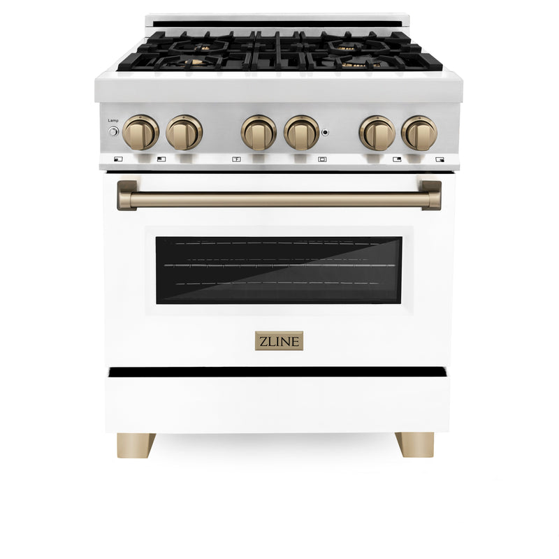 ZLINE Autograph Edition 30 in. 4.0 cu. ft. Dual Fuel Range with Gas Stove and Electric Oven in Stainless Steel with White Matte Door and Champagne Bronze Accents (RAZ-WM-30-CB)