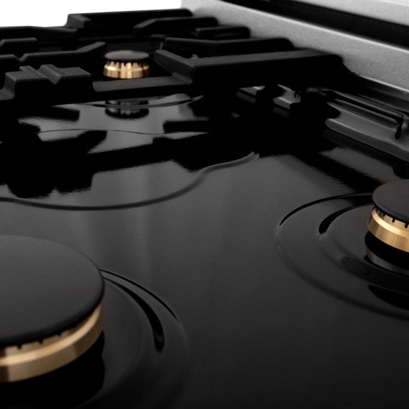 ZLINE Autograph Edition 30 in. Porcelain Rangetop with 4 Gas Burners in DuraSnow Stainless Steel with Polished Gold Accents (RTSZ-30-G)