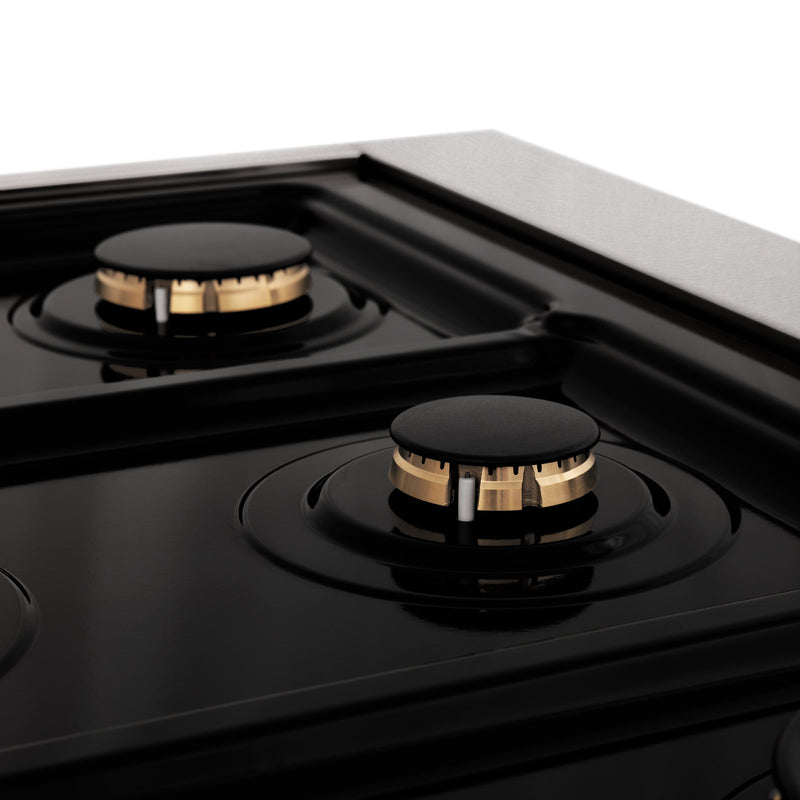 ZLINE Autograph Edition 30 in. Porcelain Rangetop with 4 Gas Burners in DuraSnow Stainless Steel with Polished Gold Accents (RTSZ-30-G)