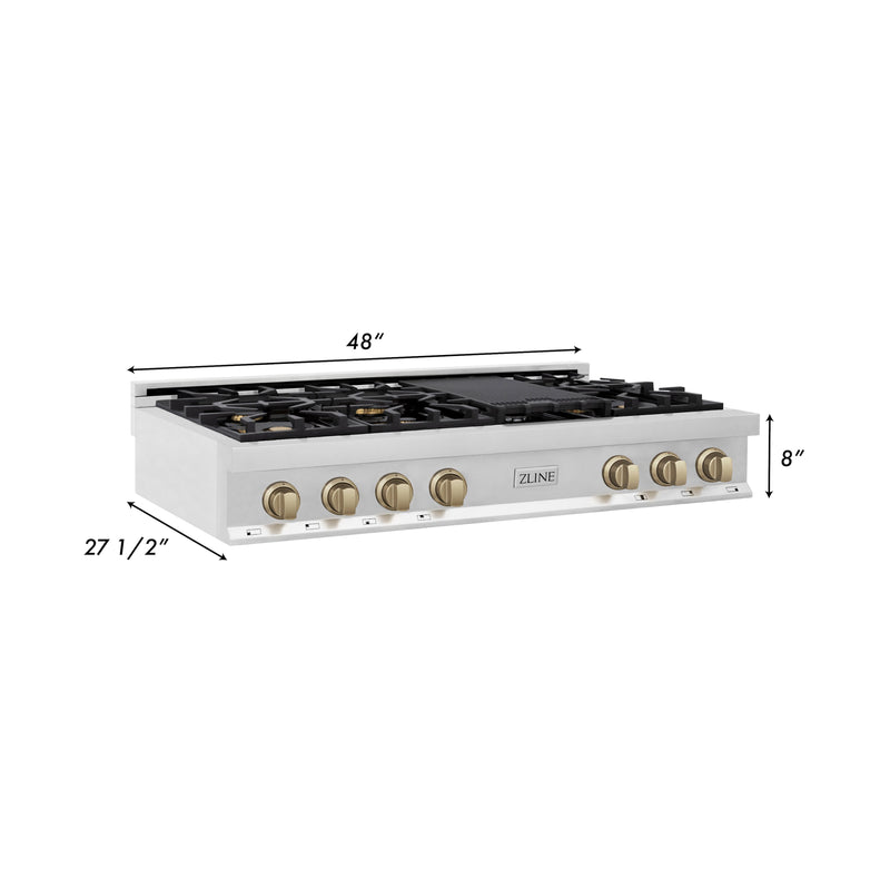 ZLINE Autograph Edition 48 in. Porcelain Rangetop with 7 Gas Burners in Stainless Steel with Champagne Bronze Accents (RTZ-48-CB)