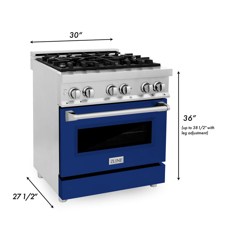 ZLINE 30 in. 4.0 cu. ft. Dual Fuel Range with Gas Stove and Electric Oven in Stainless Steel with Blue Gloss Door (RA-BG-30)