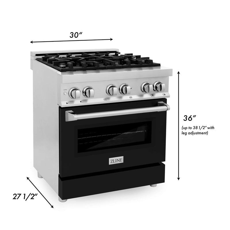 ZLINE 30 in. Kitchen Package with Stainless Steel Dual Fuel Range with Black Matte Door and Convertible Vent Range Hood (2KP-RABLMRH30)