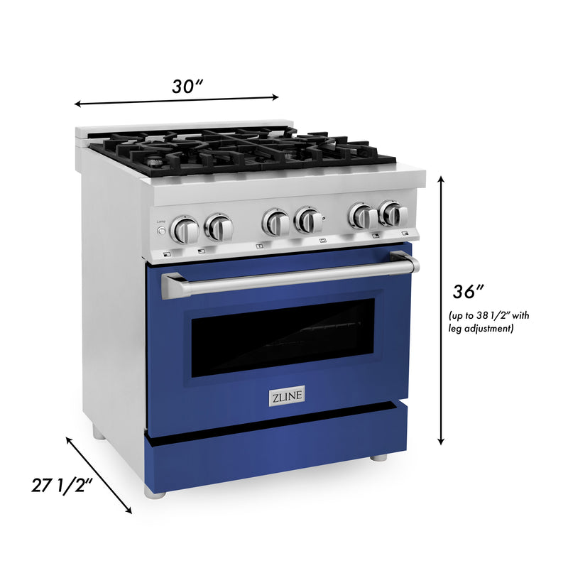 ZLINE 30 in. 4.0 cu. ft. Dual Fuel Range with Gas Stove and Electric Oven in Stainless Steel with Blue Matte Door (RA-BM-30)