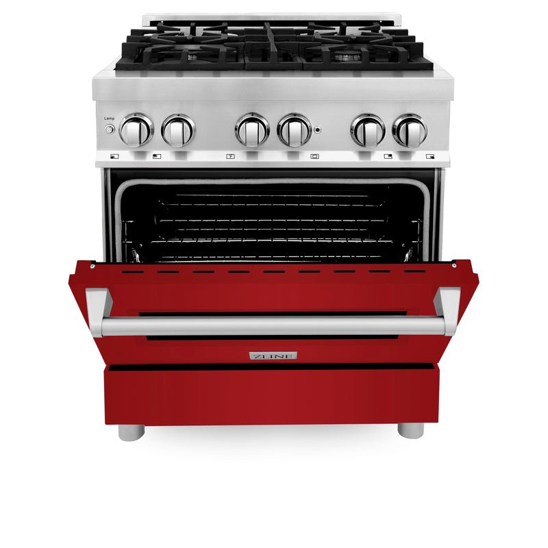 ZLINE 30 in. 4.0 cu. ft. Dual Fuel Range with Gas Stove and Electric Oven in Stainless Steel with Red Gloss Doors (RA-RG-30)