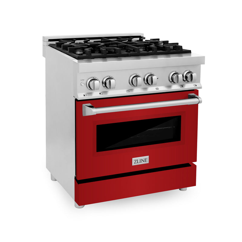 ZLINE 30 in. 4.0 cu. ft. Dual Fuel Range with Gas Stove and Electric Oven in Stainless Steel with Red Gloss Doors (RA-RG-30)