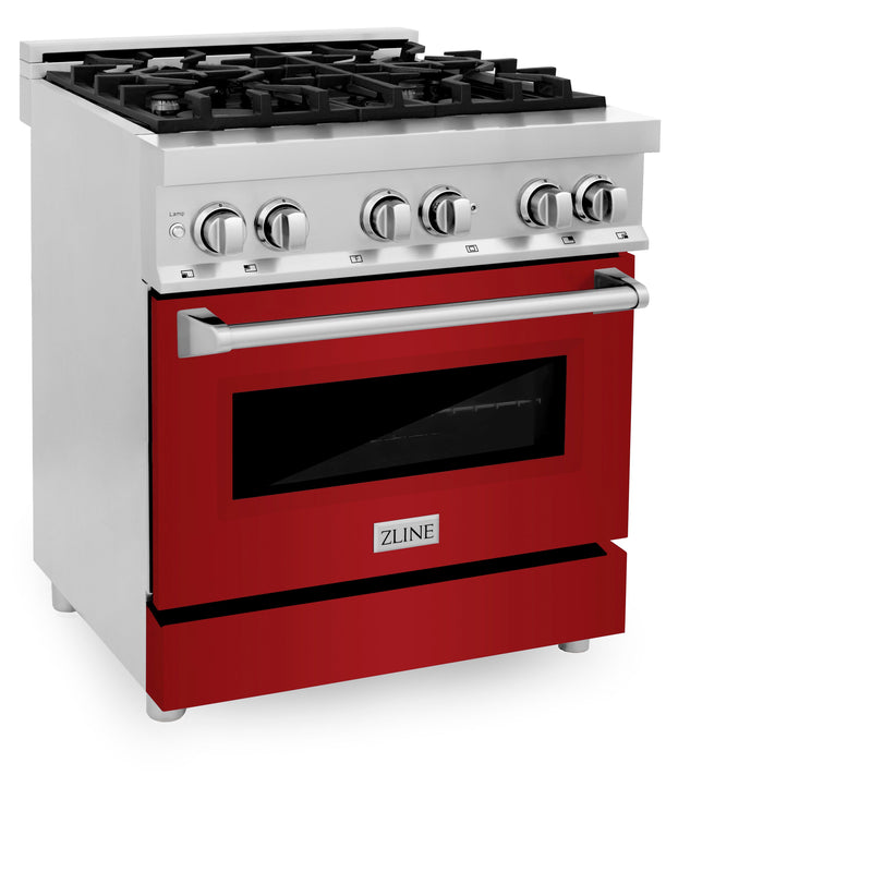 ZLINE 30 in. 4.0 cu. ft. Dual Fuel Range with Gas Stove and Electric Oven in Stainless Steel with Red Gloss Doors (RA-RG-30)