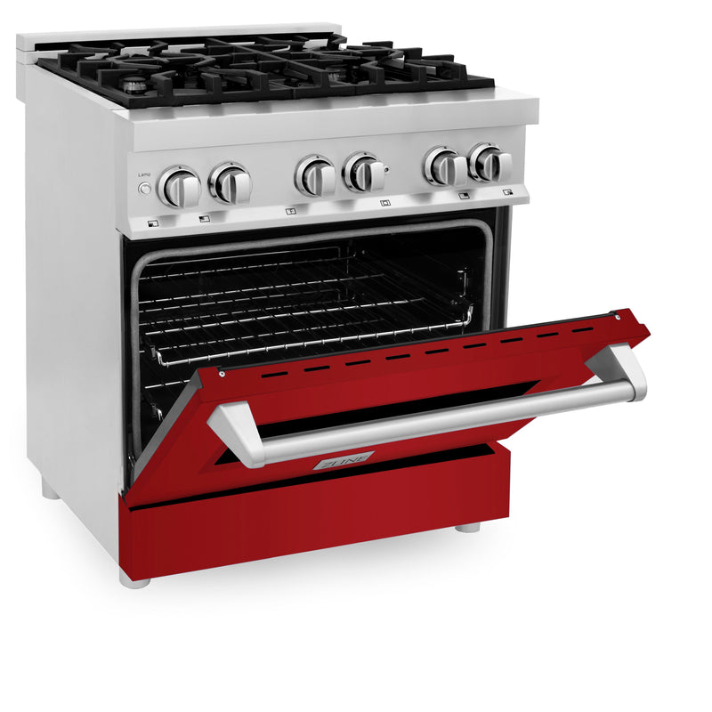 ZLINE 30 in. 4.0 cu. ft. Dual Fuel Range with Gas Stove and Electric Oven in Stainless Steel with Red Gloss Doors (RA-RG-30)