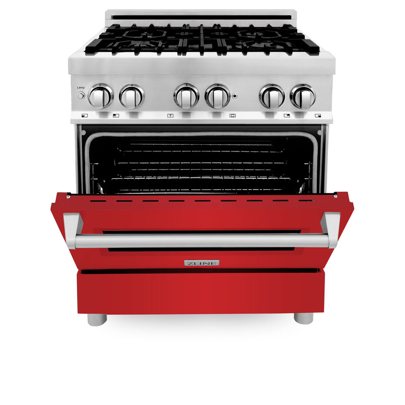 ZLINE 30 in. Kitchen Package with ZLINE DuraSnow Stainless Steel Dual Fuel Range with Red Matte Door and Convertible Vent Range Hood (2KP-RARMRH30)