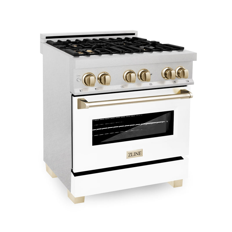 ZLINE Autograph Edition 30 in. 4.0 cu. ft. Dual Fuel Range with Gas Stove and Electric Oven in Fingerprint Resistant Stainless Steel with White Matte Door and Polished Gold Accents (RASZ-WM-30-G)