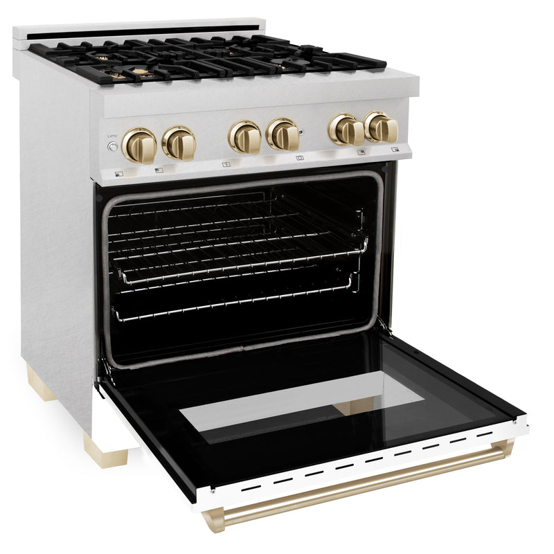 ZLINE Autograph Edition 30 in. 4.0 cu. ft. Dual Fuel Range with Gas Stove and Electric Oven in Fingerprint Resistant Stainless Steel with White Matte Door and Polished Gold Accents (RASZ-WM-30-G)