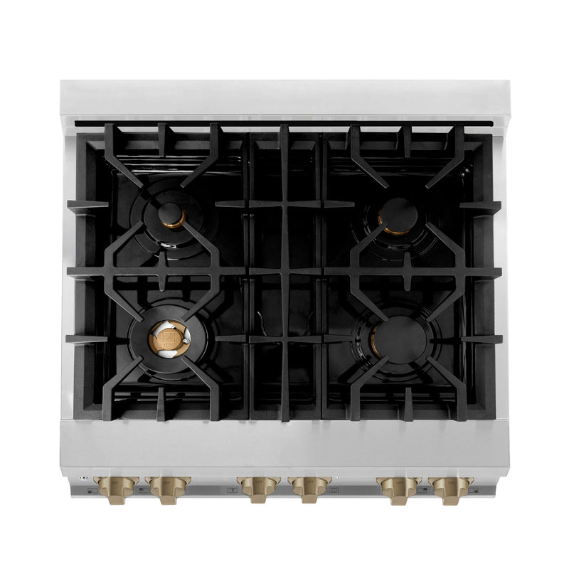 ZLINE 30 in. Autograph Edition Kitchen Package with Stainless Steel Dual Fuel Range and Range Hood with Champagne Bronze Accents (3AKP-RARHDWM30-CB)