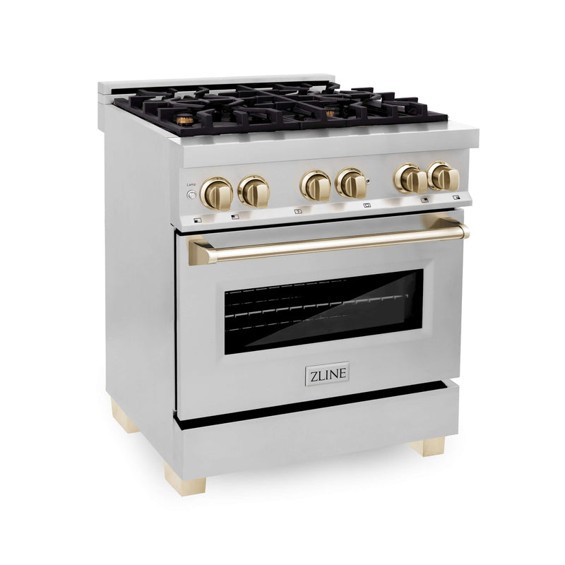 ZLINE 30 in. Autograph Edition Kitchen Package with Stainless Steel Dual Fuel Range and Range Hood with Polished Gold Accents (2AKP-RARH30-G)