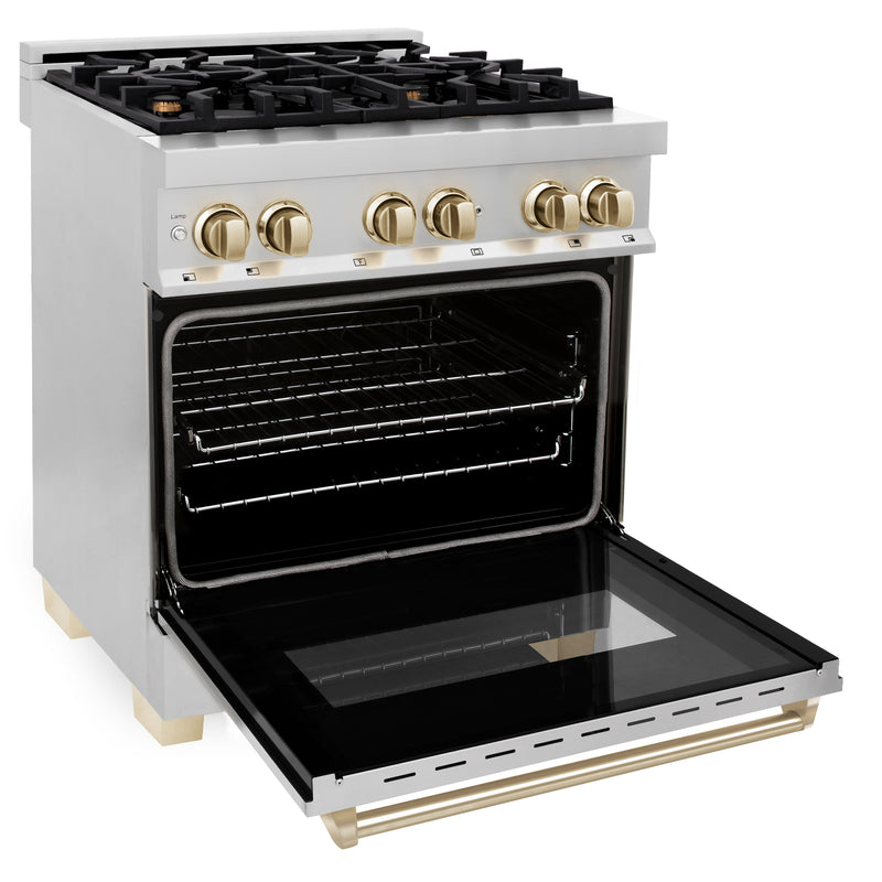 ZLINE Autograph Edition 30 in. 4.0 cu. ft. Dual Fuel Range with Gas Stove and Electric Oven in Stainless Steel with Polished Gold Accents (RAZ-30-G)