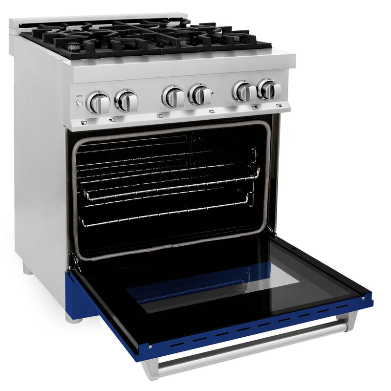 ZLINE 30 in. 4.0 cu. ft. Dual Fuel Range with Gas Stove and Electric Oven in Stainless Steel with Blue Gloss Door (RA-BG-30)