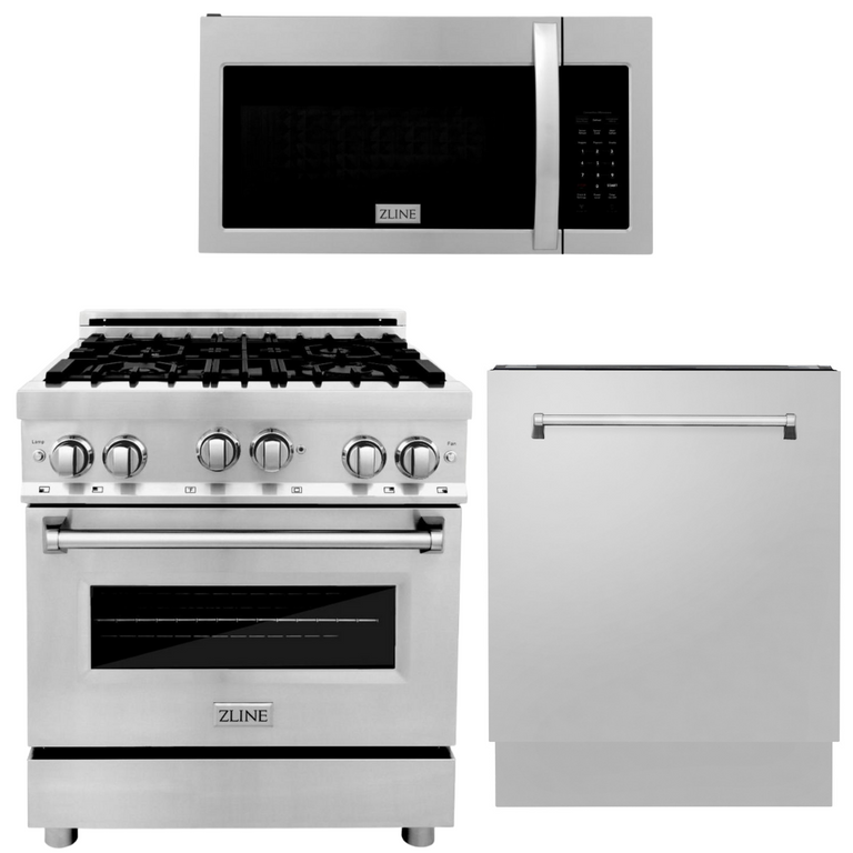 ZLINE Appliance Package - 30 in. Gas Range, Over-the-Range Microwave, Dishwasher
