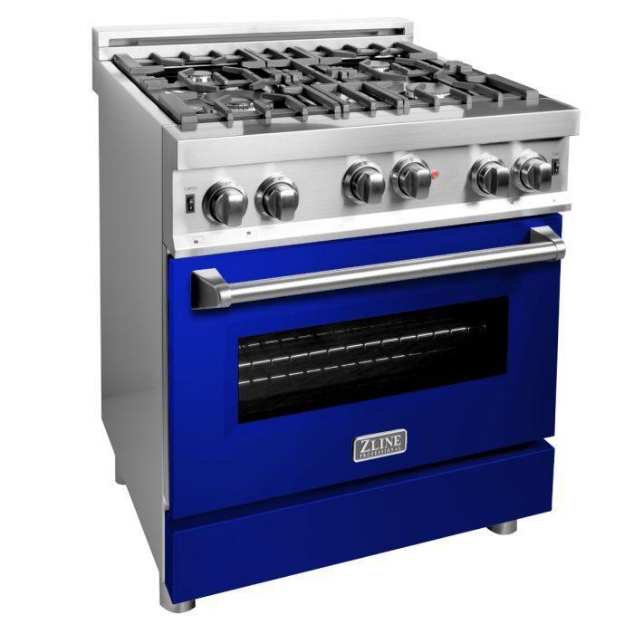 ZLINE Appliance Package - 30 in. Gas Range with Blue Gloss Door & 30 in. Range Hood - 2KP-RGBGRH30