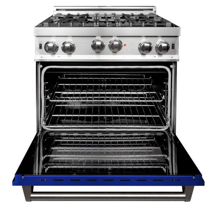 ZLINE Appliance Package - 30 in. Gas Range with Blue Gloss Door & 30 in. Range Hood - 2KP-RGBGRH30