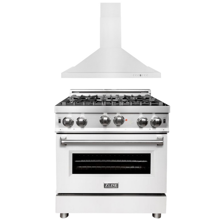 ZLINE Appliance Package - 30 in. Gas Range with White Matte Door & 30 in. Range Hood