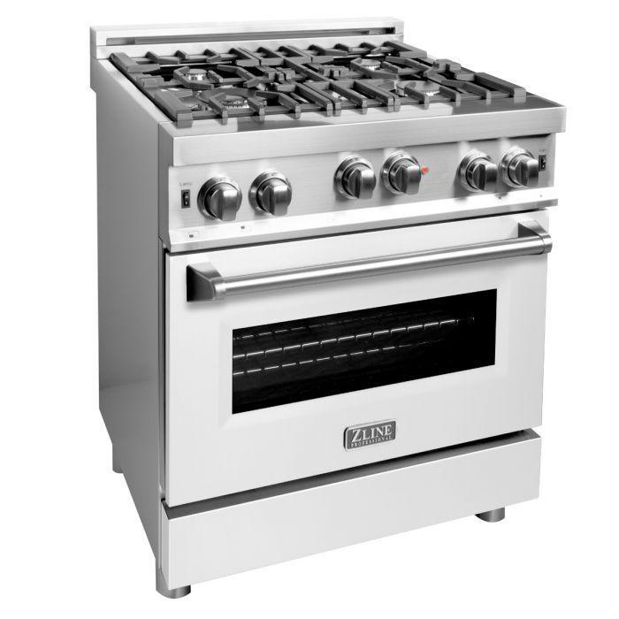 ZLINE Appliance Package - 30 in. Gas Range with White Matte Door & 30 in. Range Hood - 2KP-RGWMRH30