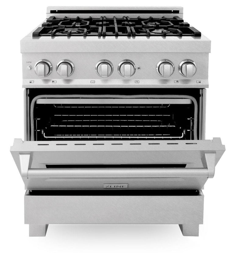 ZLINE Appliance Package - 30 in. DuraSnow® Stainless Dual Fuel Range, Ducted Vent Range Hood and Dishwasher - 3KP-RASRH30-DW