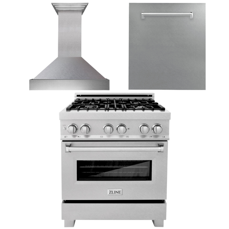 Products ZLINE Appliance Package - 30 in. DuraSnow® Stainless Dual Fuel Range, Ducted Vent Range Hood and Dishwasher