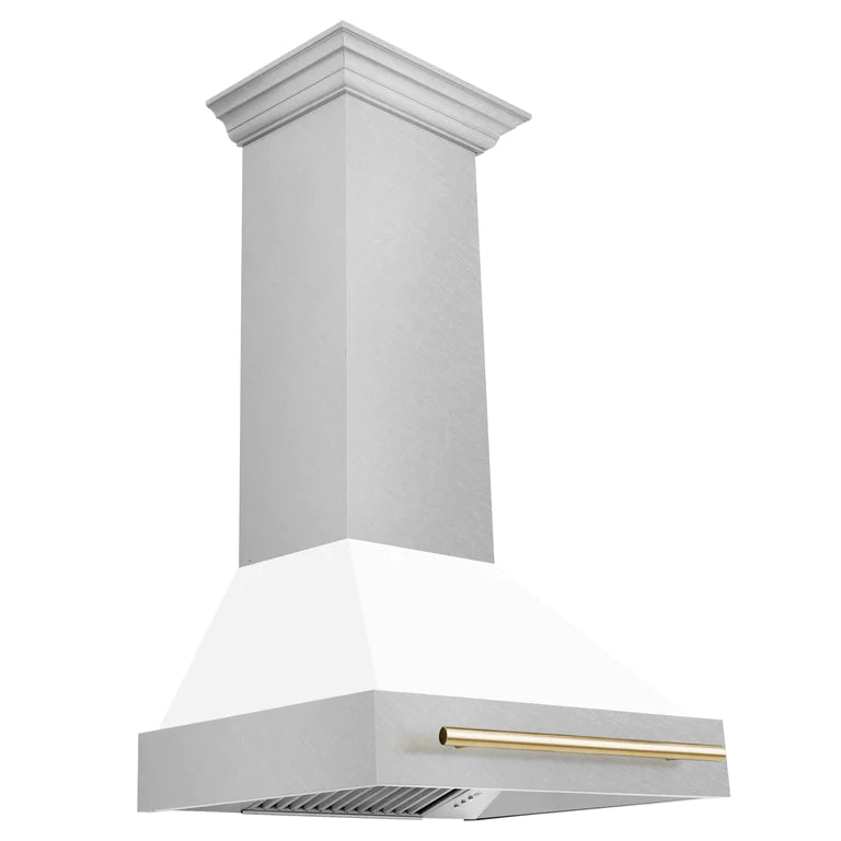 ZLINE 30 Inch Autograph Edition DuraSnow Range Hood with White Matte Shell and Gold Handle, 8654SNZ-WM30-G