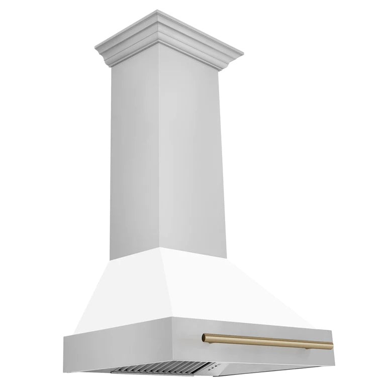 ZLINE 30 Inch Autograph Edition Range Hood with White Matte Shell and Champagne Bronze Handle, 8654STZ-WM30-CB