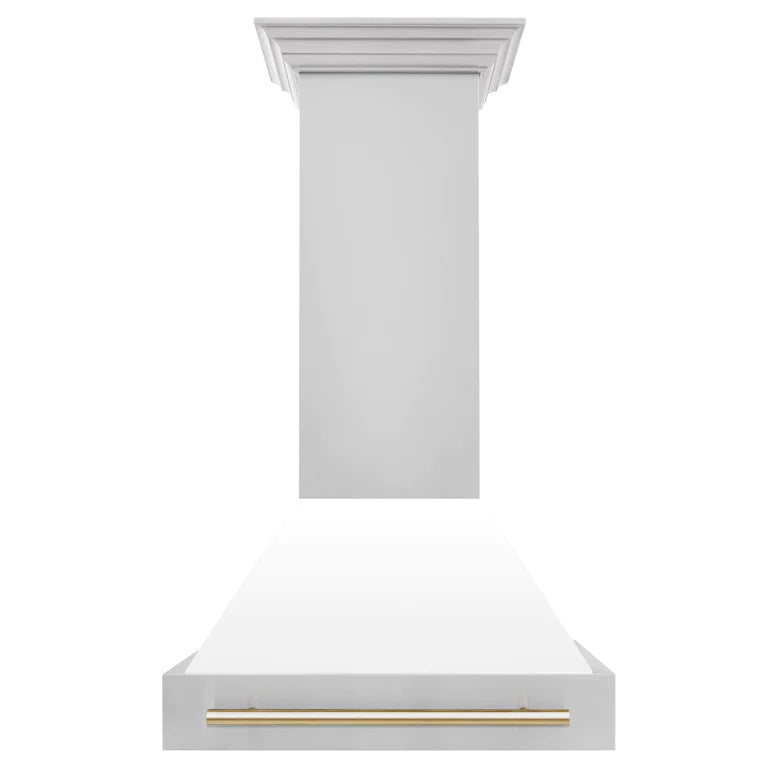 ZLINE 30 Inch Autograph Edition Range Hood with White Matte Shell and Gold Handle, 8654STZ-WM30-G