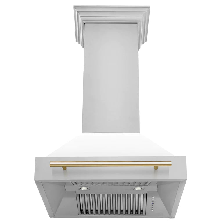 ZLINE 30 Inch Autograph Edition Range Hood with White Matte Shell and Gold Handle, 8654STZ-WM30-G