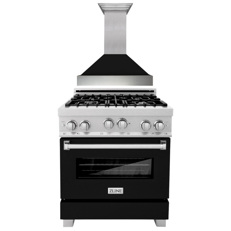 ZLINE Appliance Package - 30" Professional Gas Range in DuraSnow® with Black Matte Door & 30" Range Hood