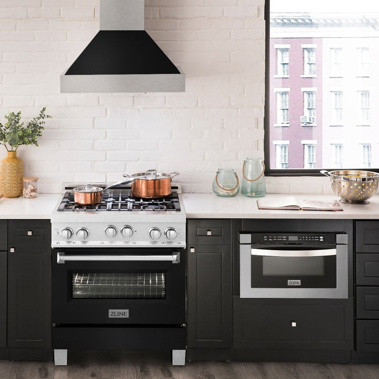 ZLINE Appliance Package - 30" Professional Gas Range in DuraSnow® with Black Matte Door & 30" Range Hood - 2KP-RGSBLMRH30