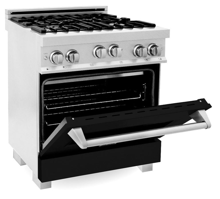 ZLINE Appliance Package - 30" Professional Gas Range in DuraSnow® with Black Matte Door & 30" Range Hood - 2KP-RGSBLMRH30