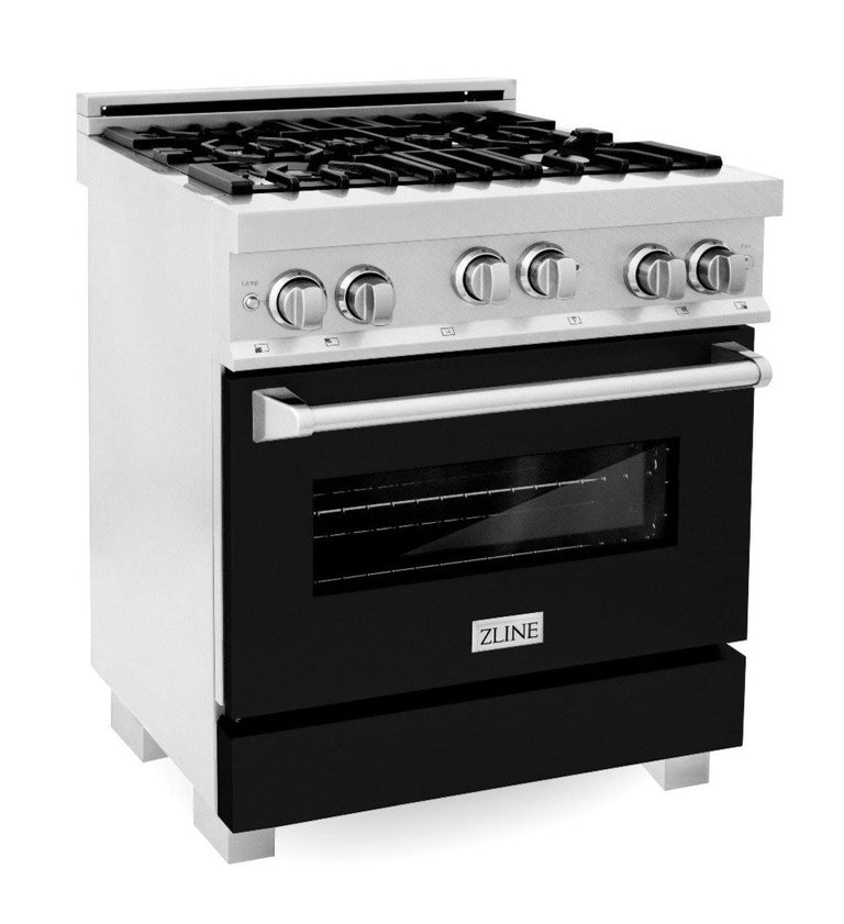 ZLINE Appliance Package - 30" Professional Gas Range in DuraSnow® with Black Matte Door & 30" Range Hood - 2KP-RGSBLMRH30