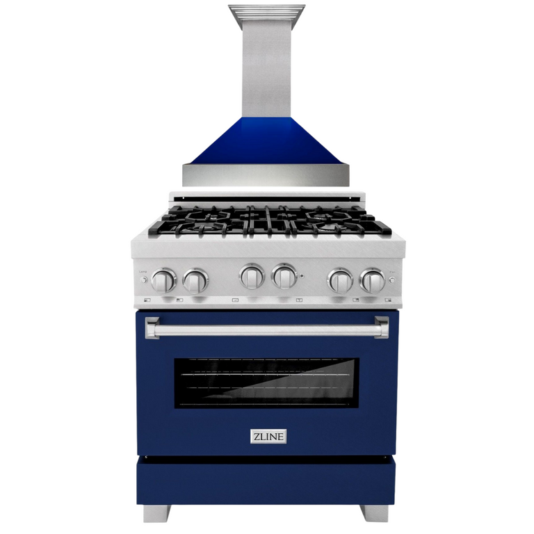 ZLINE Appliance Package - 30" Professional Gas Range in DuraSnow® with Blue Gloss Door & 30" Range Hood 
