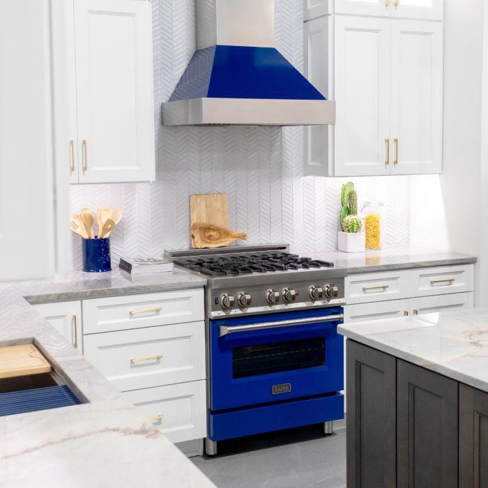 ZLINE Appliance Package - 30" Professional Gas Range in DuraSnow® with Blue Gloss Door & 30" Range Hood - 2KP-RGSBGRH30