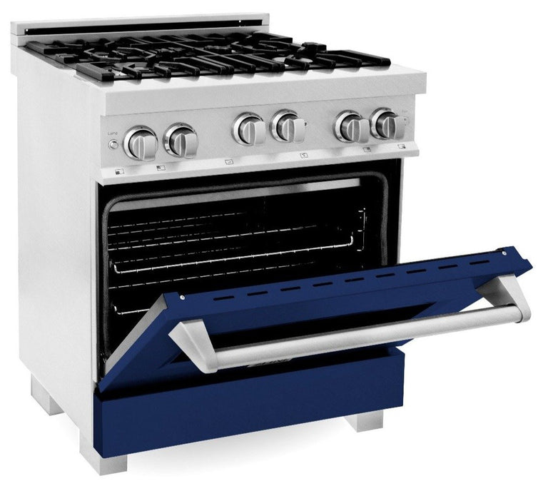 ZLINE Appliance Package - 30" Professional Gas Range in DuraSnow® with Blue Gloss Door & 30" Range Hood - 2KP-RGSBGRH30