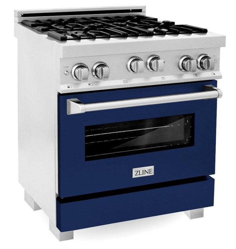 ZLINE Appliance Package - 30" Professional Gas Range in DuraSnow® with Blue Gloss Door & 30" Range Hood - 2KP-RGSBGRH30