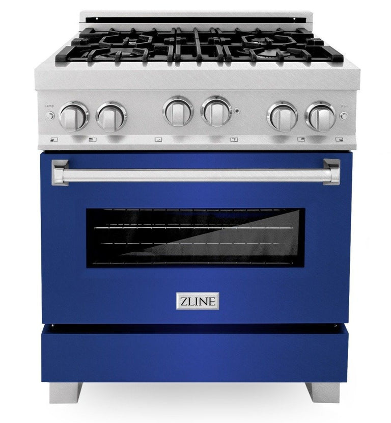 ZLINE Appliance Package - 30" Professional Gas Range in DuraSnow® with Blue Matte Door & 30" Range Hood - 2KP-RGSBMRH30