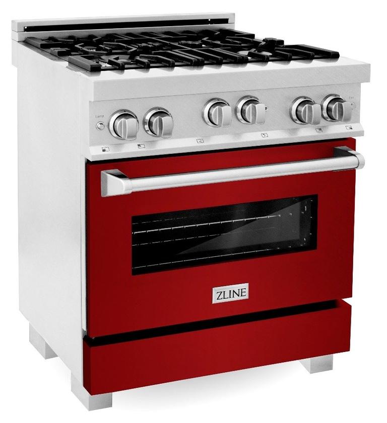 ZLINE Appliance Package - 30" Professional Gas Range in DuraSnow® with Red Gloss Door & 30" Range Hood - 2KP-RGSRGRH30