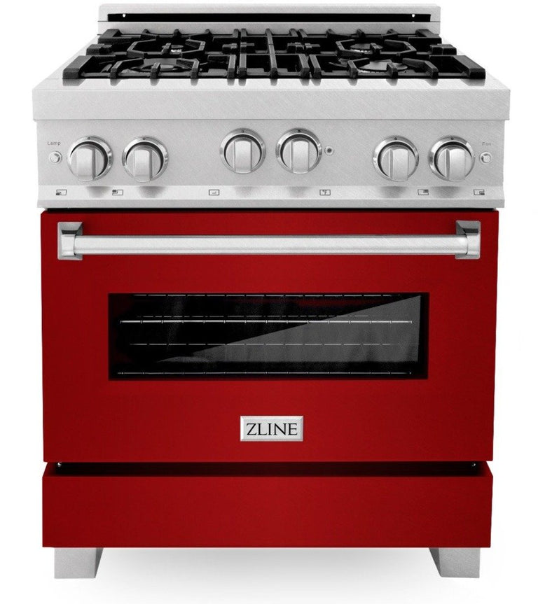 ZLINE Appliance Package - 30" Professional Gas Range in DuraSnow® with Red Gloss Door & 30" Range Hood - 2KP-RGSRGRH30