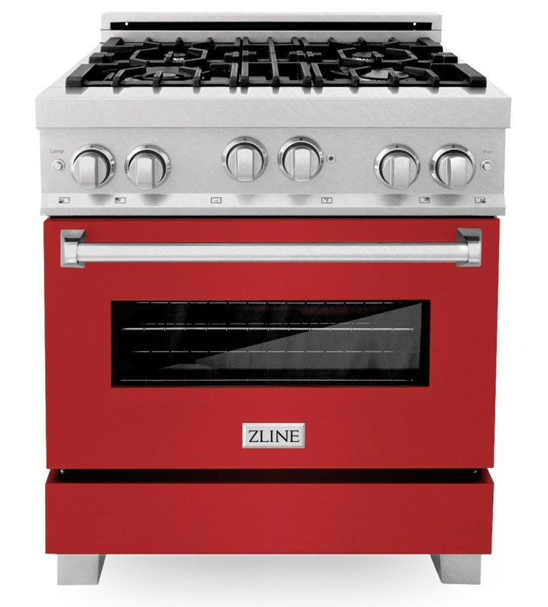 ZLINE Appliance Package - 30" Professional Gas Range in DuraSnow® with Red Matte Door & 30" Range Hood Package - 2KP-RGSRMRH30