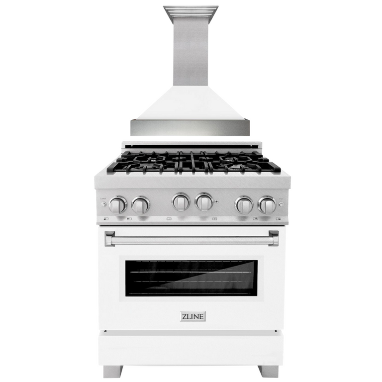 ZLINE Appliance Package -30" Professional Gas Range in DuraSnow® with White Matte Door & 30" Range Hood Package