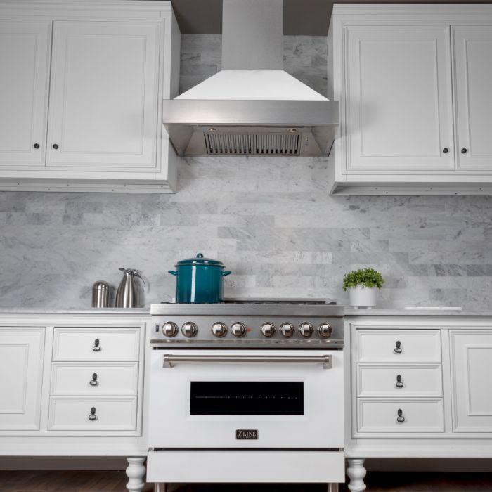 ZLINE Appliance Package -30" Professional Gas Range in DuraSnow® with White Matte Door & 30" Range Hood Package - 2KP-RGSWMRH30