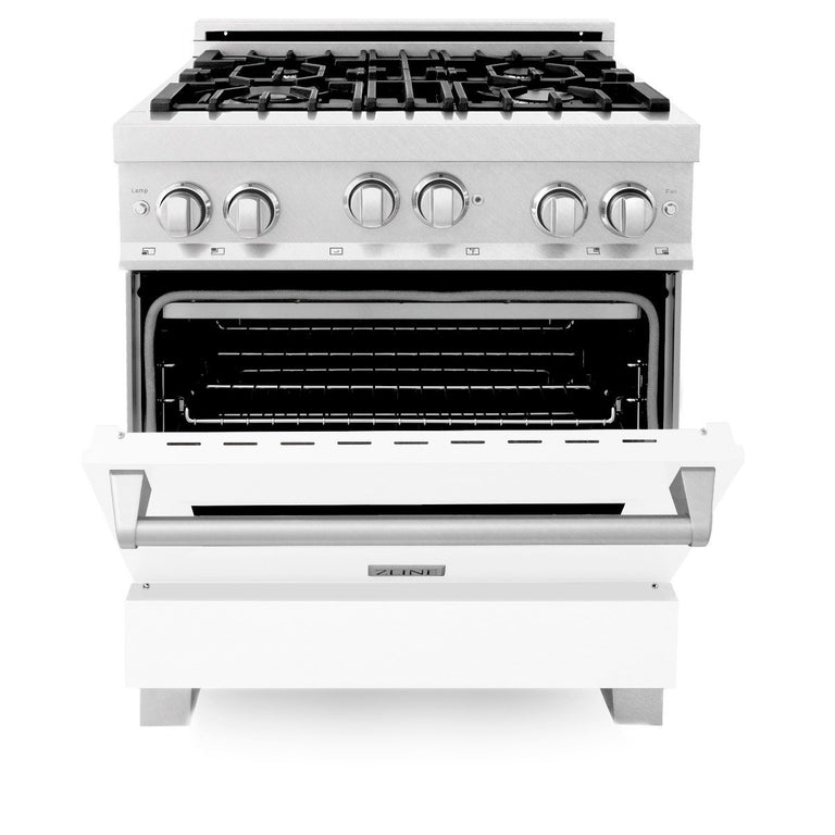 ZLINE Appliance Package -30" Professional Gas Range in DuraSnow® with White Matte Door & 30" Range Hood Package - 2KP-RGSWMRH30